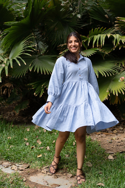 Sky Blue Cotton Tiered Dress