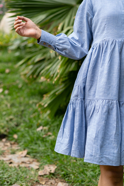 Sky Blue Cotton Tiered Dress