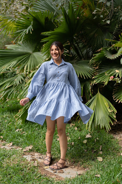 Sky Blue Cotton Tiered Dress