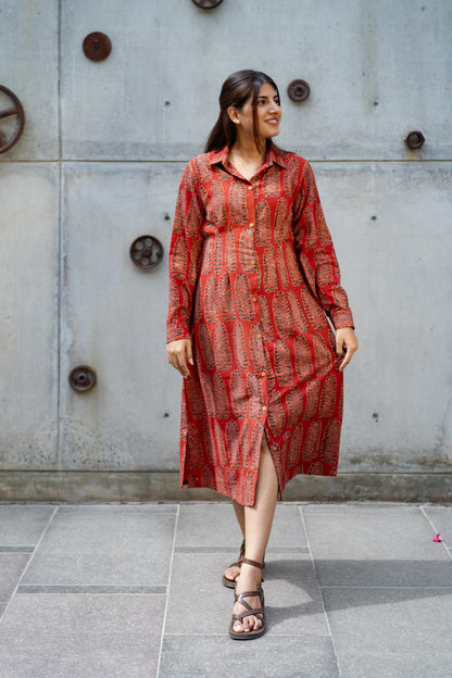 Rust Red Ajrakh Cotton Shirt Dress