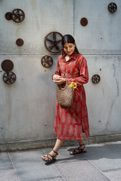 Rust Red Ajrakh Cotton Shirt Dress