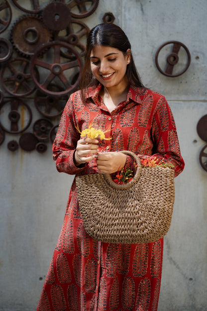 Rust Red Ajrakh Cotton Shirt Dress