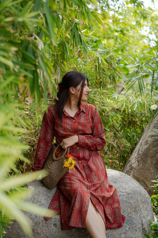 Rust Red Ajrakh Cotton Shirt Dress