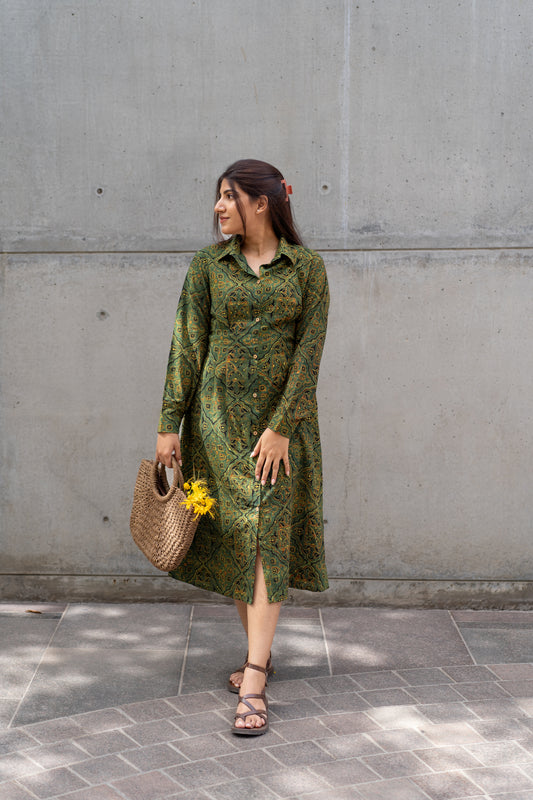 Moss Green Ajrakh cotton Shirt Dress