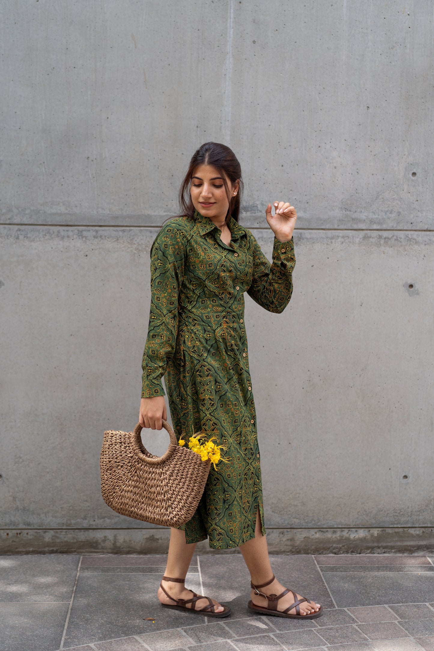 Moss Green Ajrakh cotton Shirt Dress