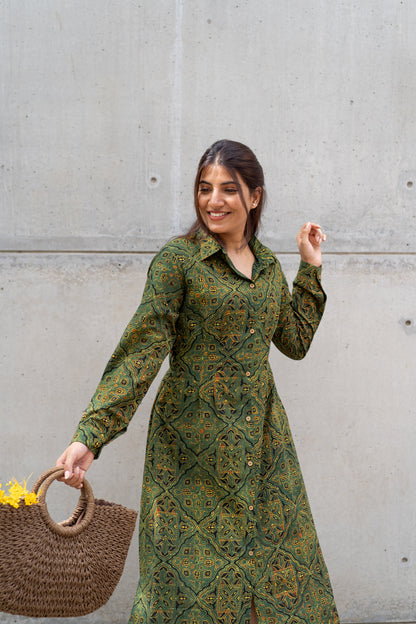 Moss Green Ajrakh cotton Shirt Dress