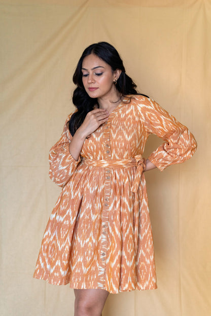 Yellow Handloom Ikkat Button Down Cotton Dress