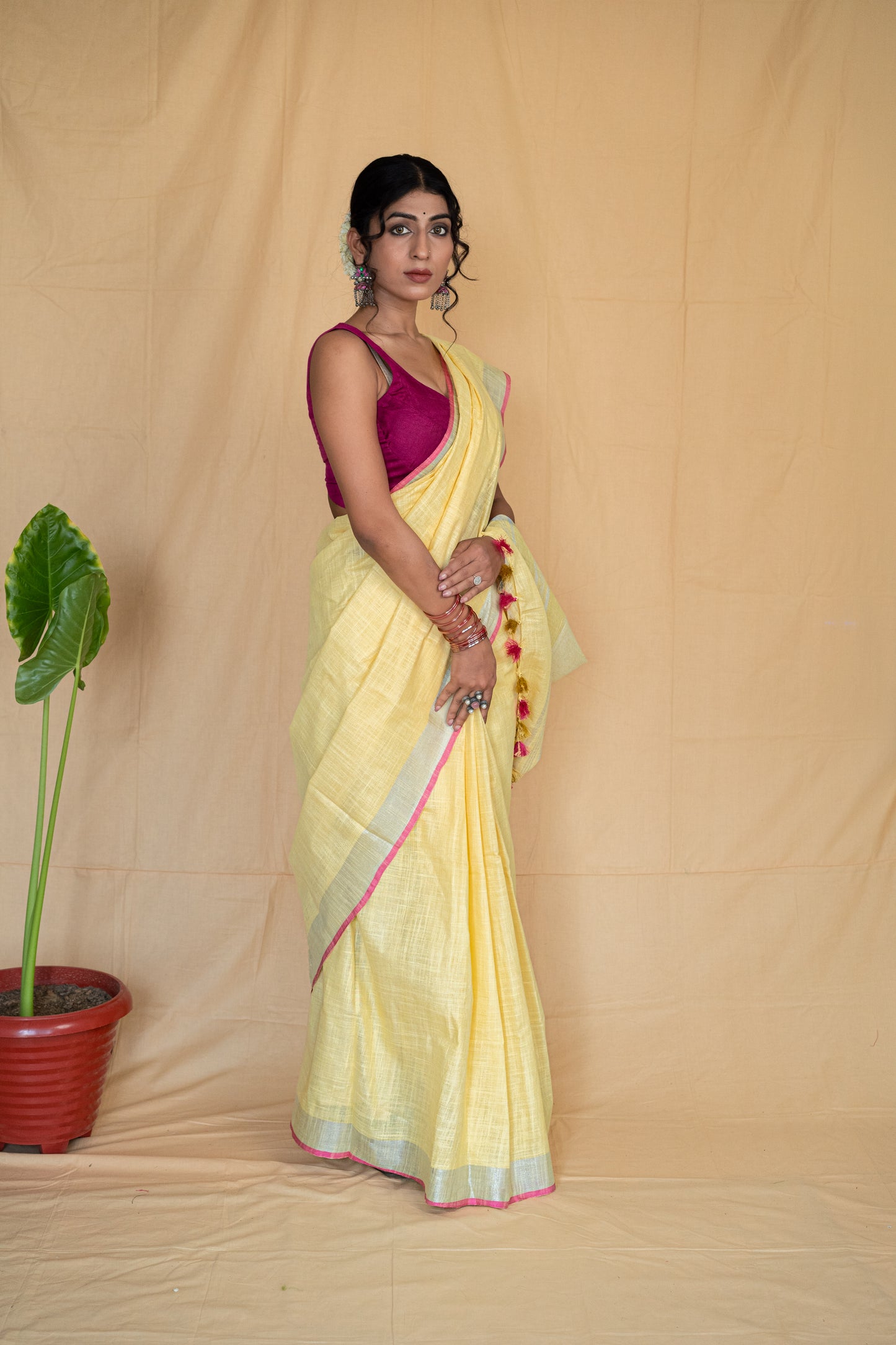 Phoolwaari | Yellow Handloom Cotton Linen Saree with Silver Zari Border