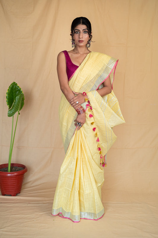 Phoolwaari | Yellow Handloom Cotton Linen Saree with Silver Zari Border