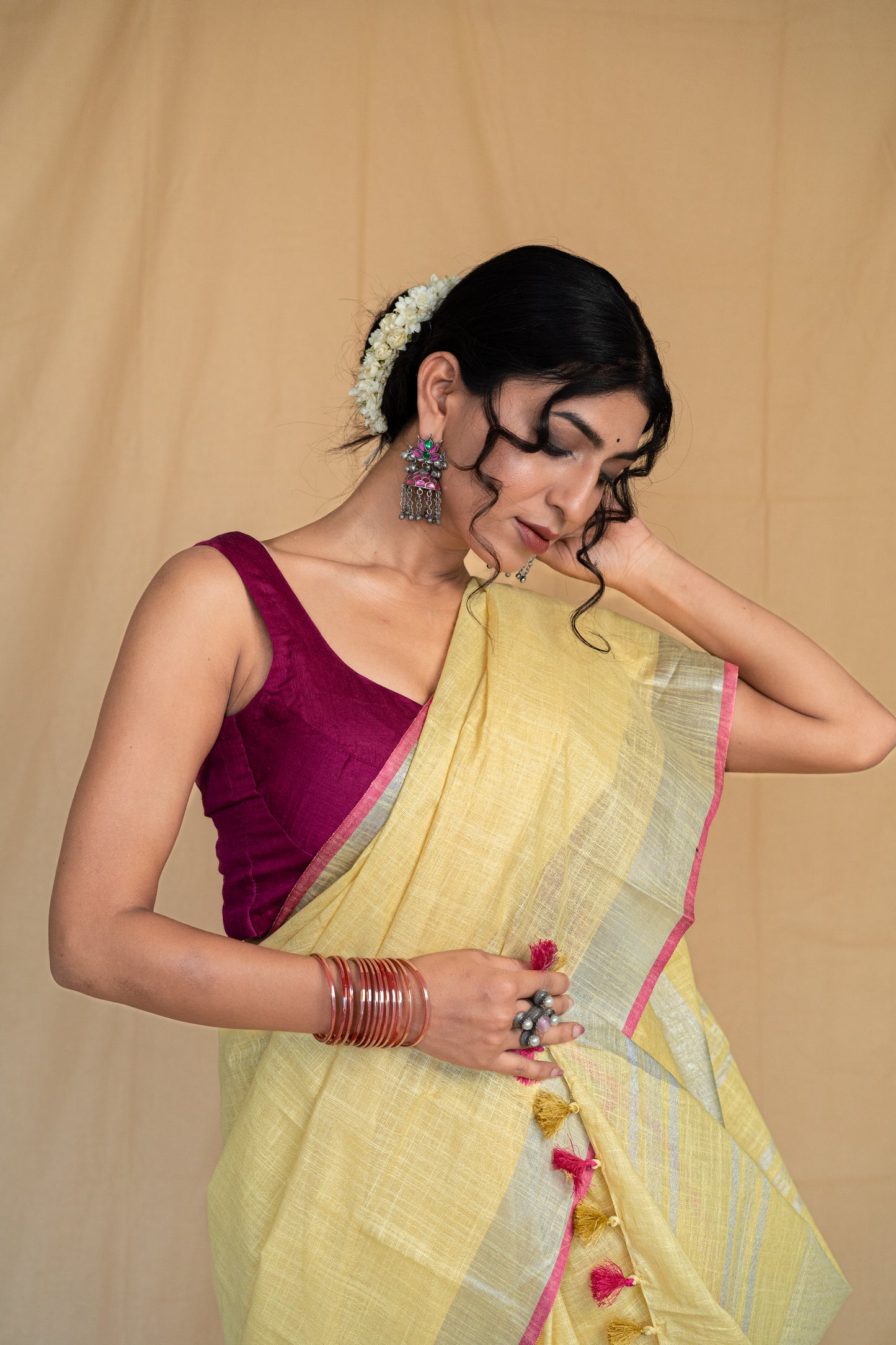 Phoolwaari | Yellow Handloom Cotton Linen Saree with Silver Zari Border