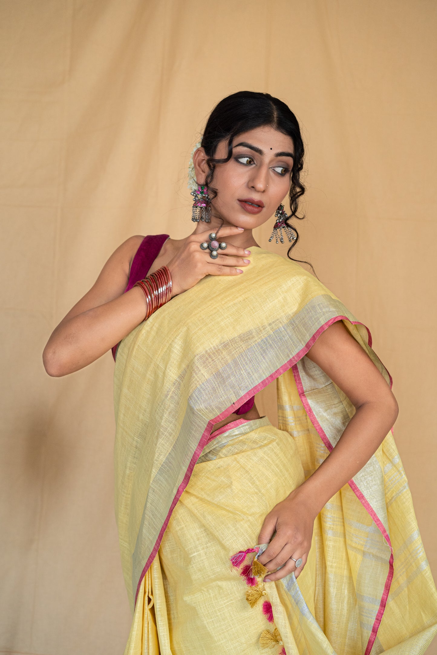 Phoolwaari | Yellow Handloom Cotton Linen Saree with Silver Zari Border