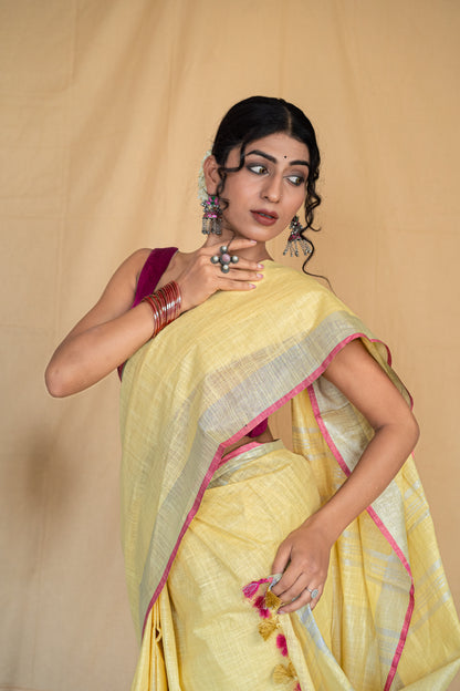 Phoolwaari | Yellow Handloom Cotton Linen Saree with Silver Zari Border