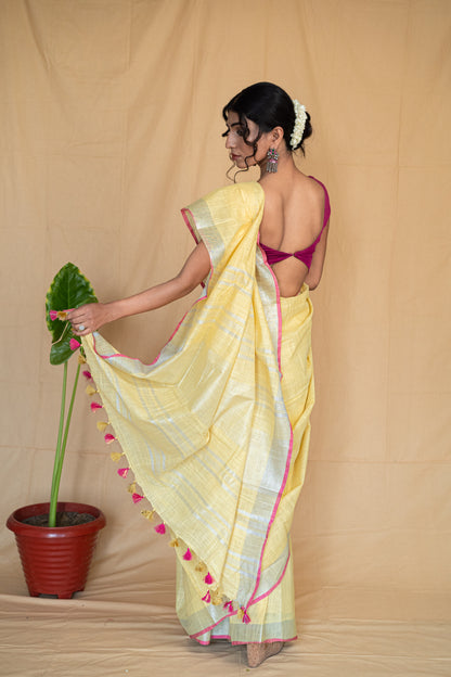 Phoolwaari | Yellow Handloom Cotton Linen Saree with Silver Zari Border