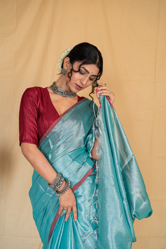 Neelambari | Sea Green Handloom Tissue Saree