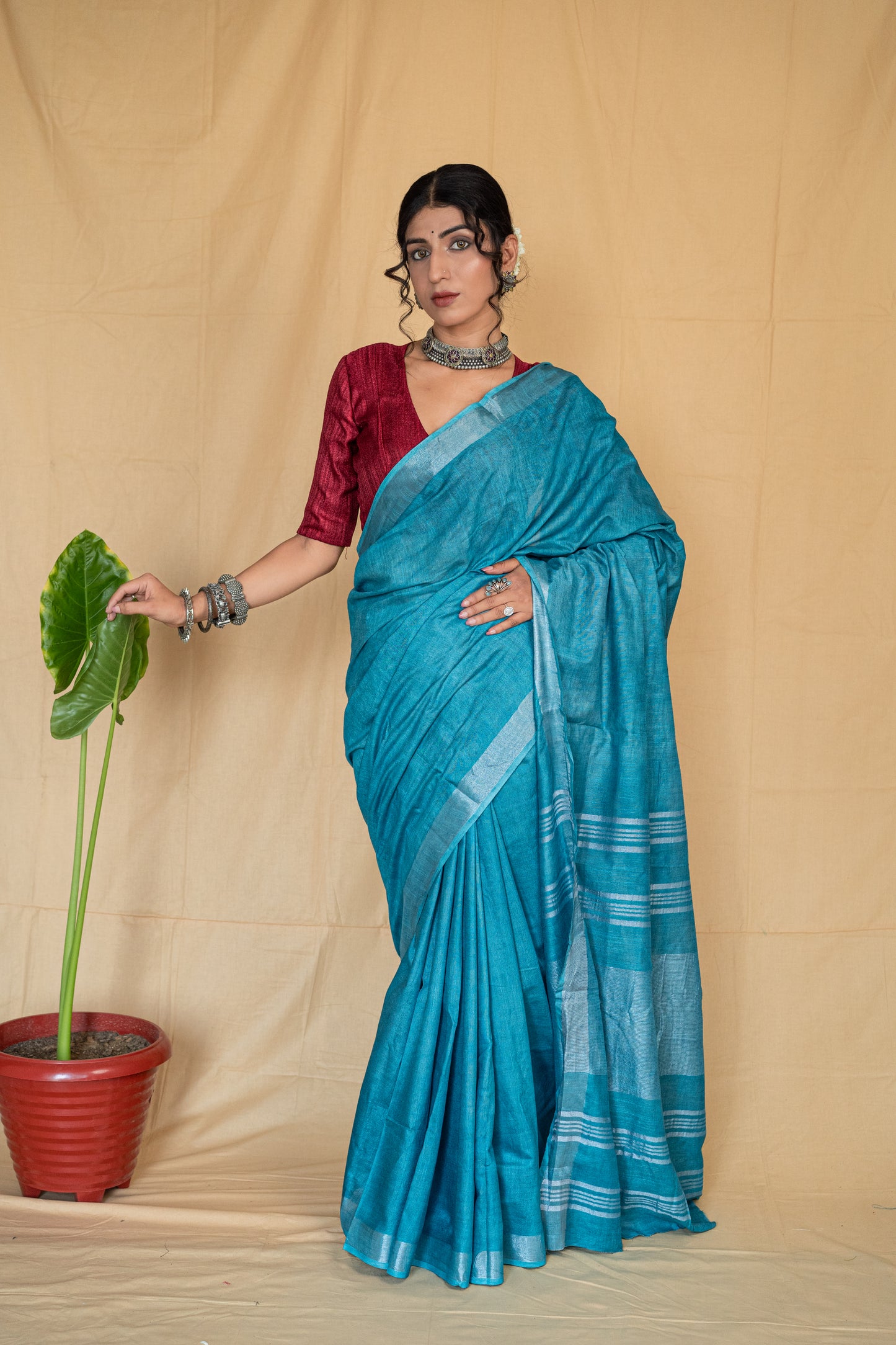 Firoza | Teal Blue Handloom Cotton Linen Saree with Silver Zari Border