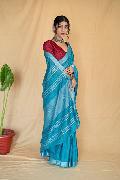 Firoza | Teal Blue Handloom Cotton Linen Saree with Silver Zari Border