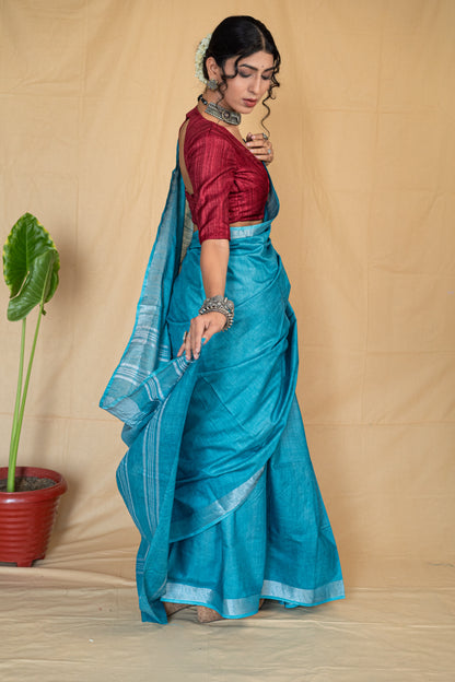 Firoza | Teal Blue Handloom Cotton Linen Saree with Silver Zari Border