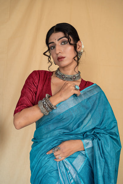 Firoza | Teal Blue Handloom Cotton Linen Saree with Silver Zari Border