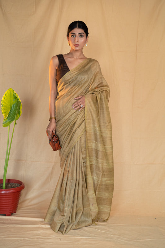 Khaki | Pale Olive Green Handloom Moonga Silk Saree