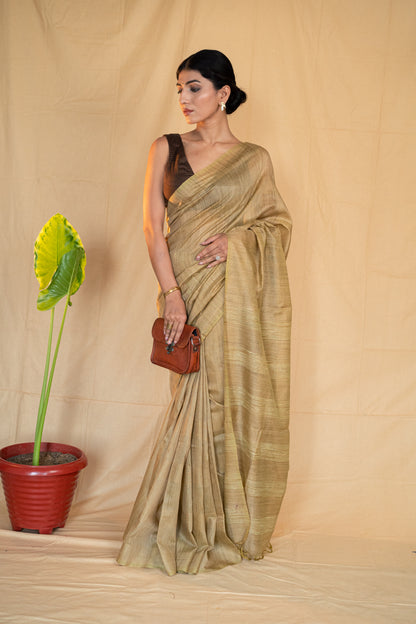 Khaki | Pale Olive Green Handloom Moonga Silk Saree