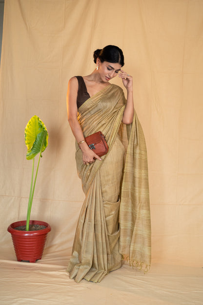 Khaki | Pale Olive Green Handloom Moonga Silk Saree