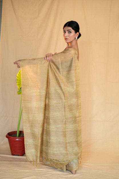 Khaki | Pale Olive Green Handloom Moonga Silk Saree