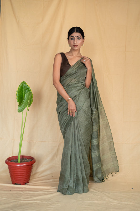 Moonga | Moss Green Handloom Moonga Silk Saree