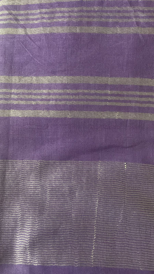 Chuimui | Lilac Handloom Cotton Linen Saree with Silver Zari Border